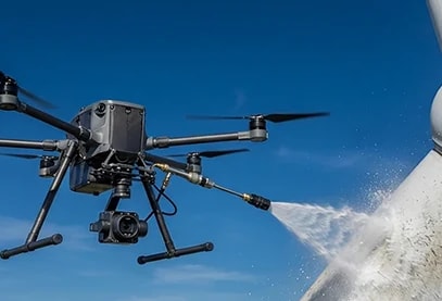 A Pimo drone spray-cleaning a wind turbine blade